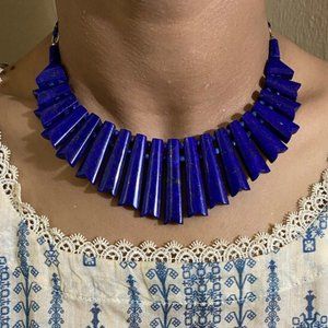Lapis Lazuli Vintage Choker Necklace With Earrings, Stone Jewelry Set, Vintage